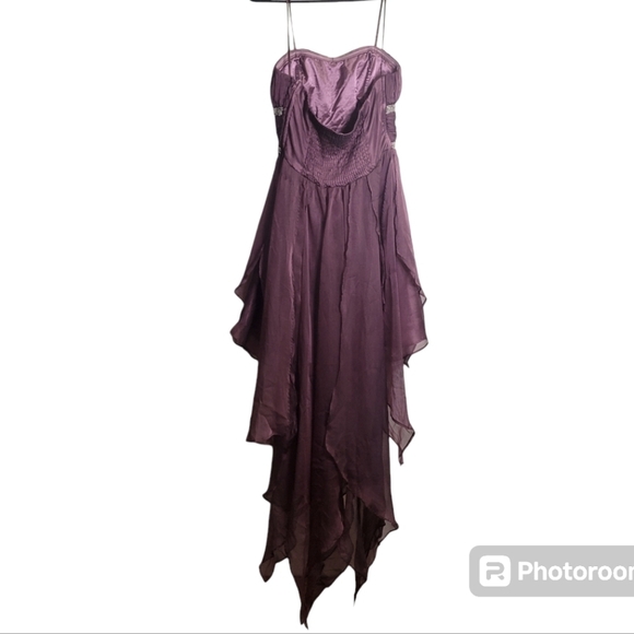 AGGIE, Plum, spaghetti strap, high-low, semi-formal w silver bead accents. SZ. M - Picture 2 of 5